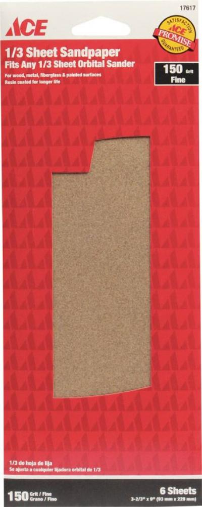 Ace 1/3 Sheet Sandpaper 150-Grit Fine 6-Pk.