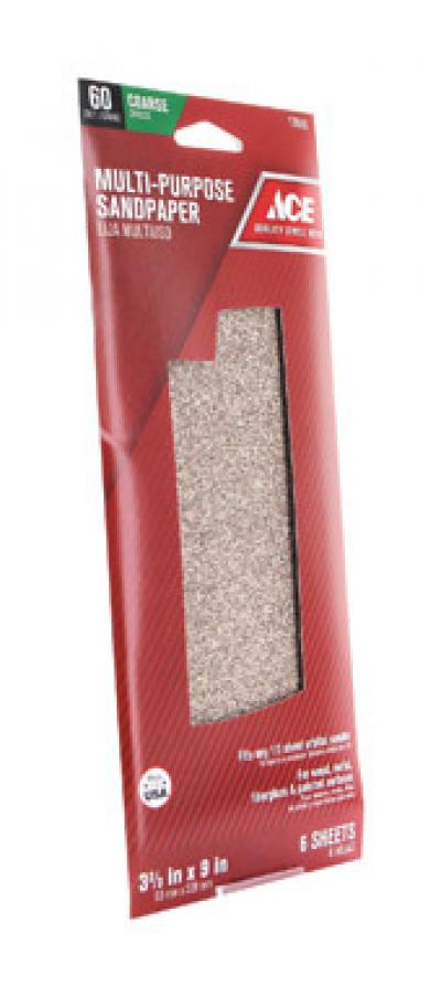 Ace 1/3 Sheet Sandpaper 60-Grit Coarse 6-Pk.