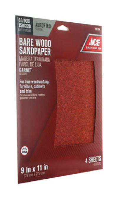 Ace Bare Wood Sandpaper Assorted Grit 4Pk.